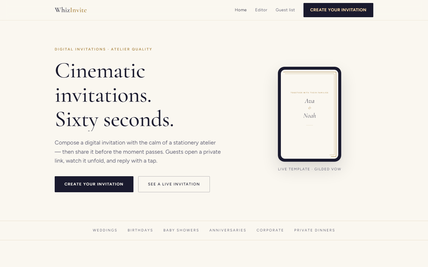 WhizInvite home page with hero and invitation preview