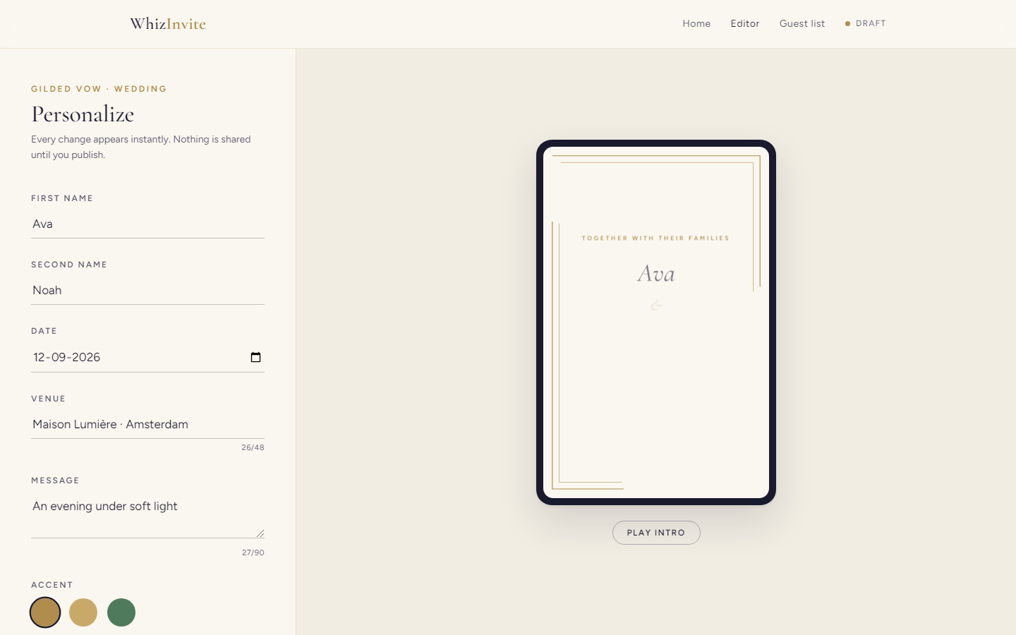Editor with personalize form and live invitation preview